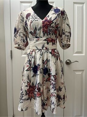 Idano Pharell Floral Midi Dress Puff Sleeve Belted Linen Blend Sz S EUC